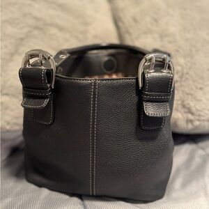 Tignanello Black Leather Shoulder Bag with Silver Buckles